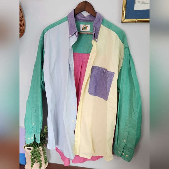 Field Gear Tops - Vintage Pastel Colorblock Obersized Button-Up